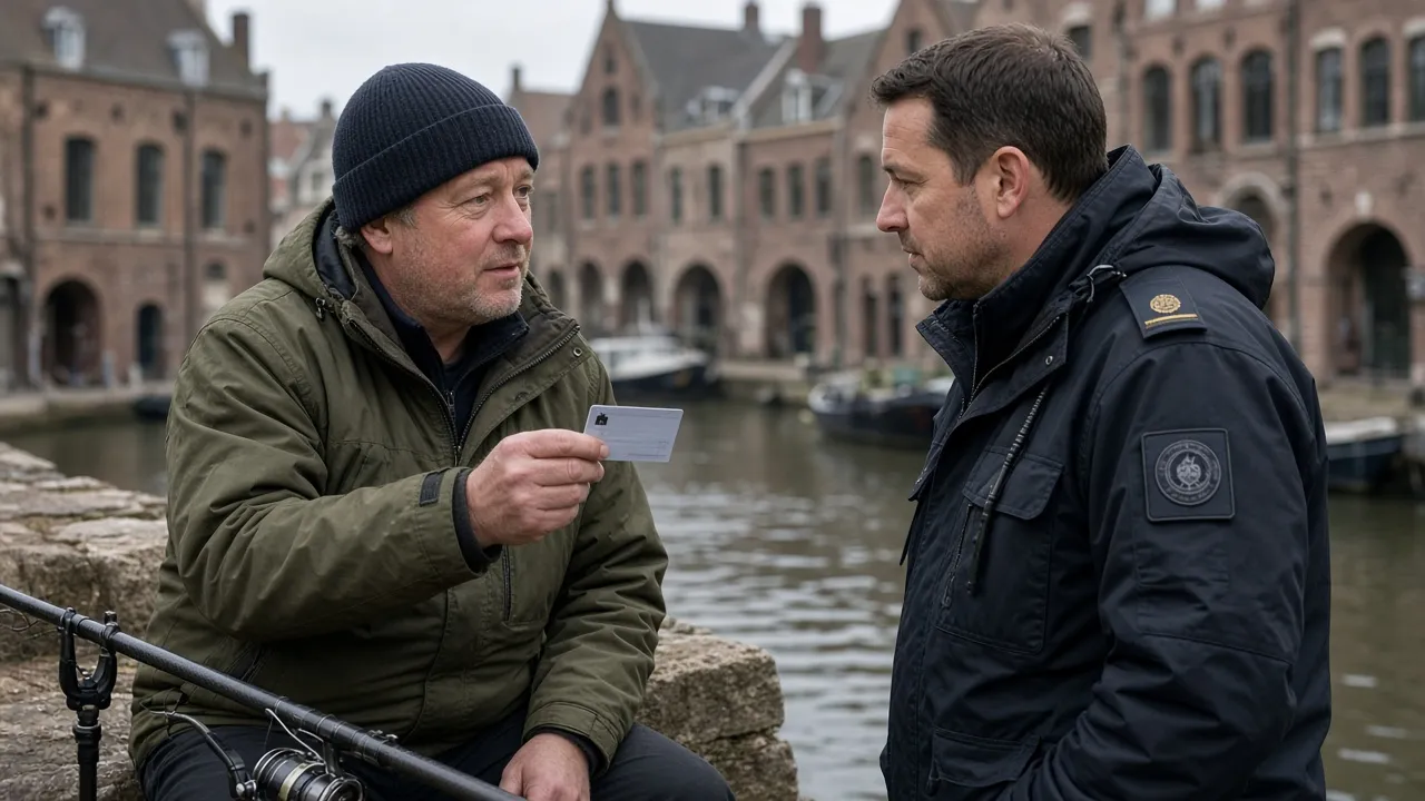 Sportvisser toont zijn VISpas aan een controleur op de kade langs de Oudegracht in Utrecht